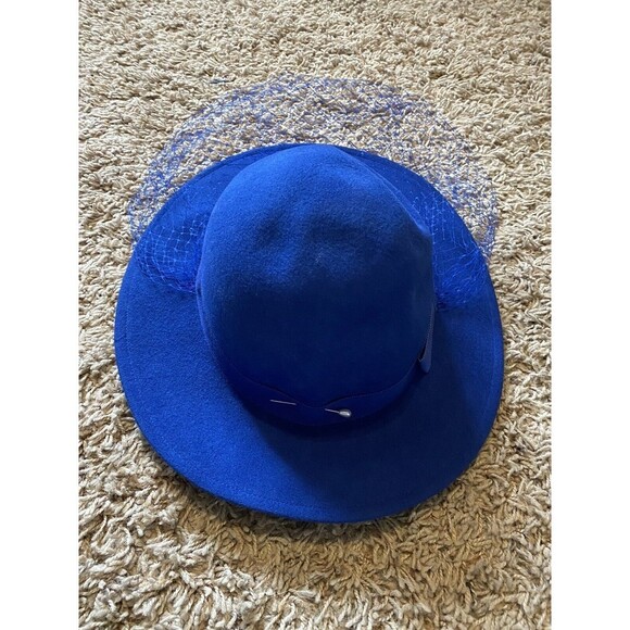 Vintage Lancaster Hat Womens Fedora Blue 100% Wool Netting Bow USA Church - Picture 3 of 10
